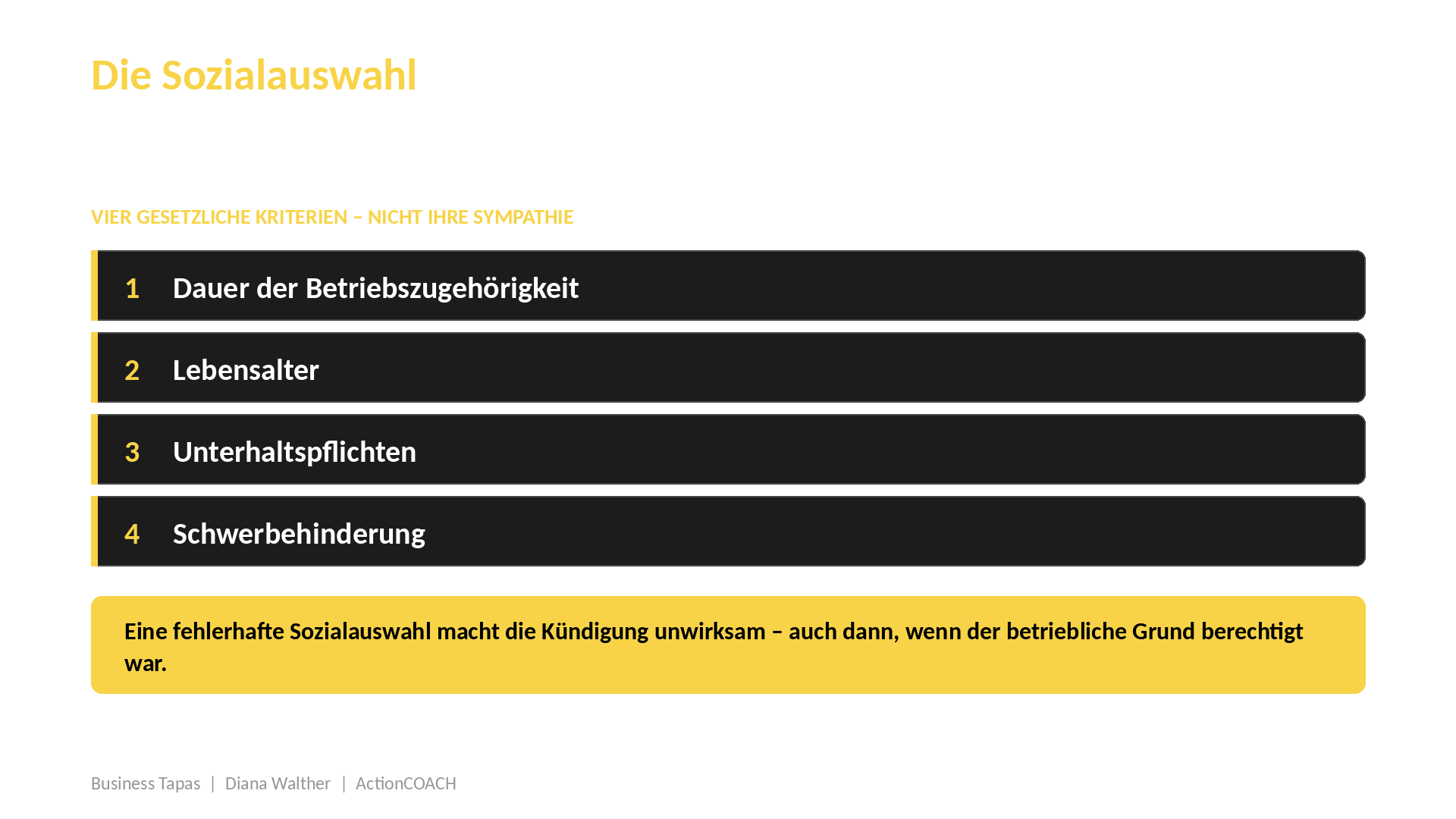 Die vier gesetzlichen Kriterien der Sozialauswahl nach Paragraf 1 Absatz 3 Kündigungsschutzgesetz: Betriebszugehörigkeit, Lebensalter, Unterhaltspflichten, Schwerbehinderung