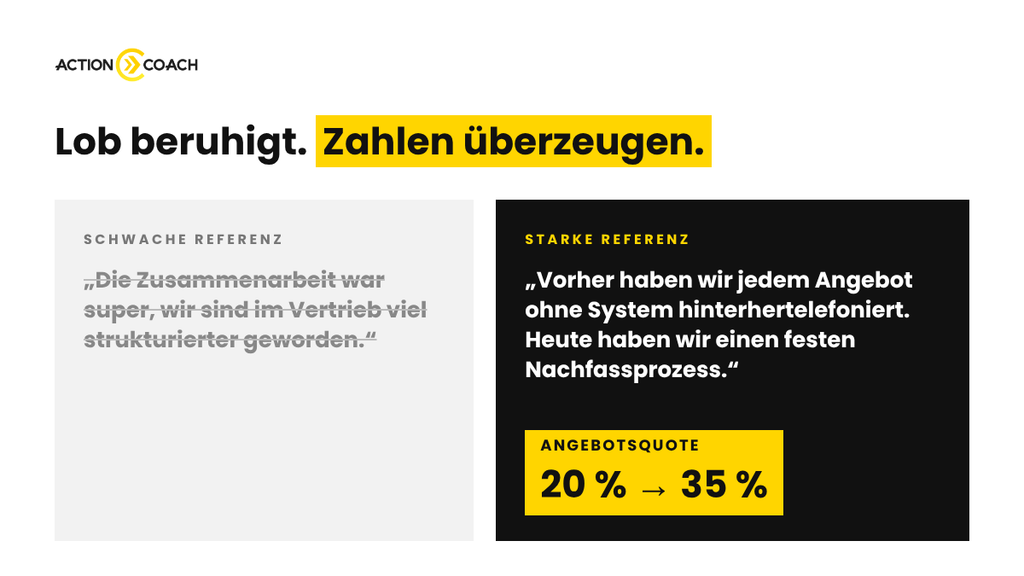 Kundenreferenz im Video: schwache Aussage ohne Zahl gegen starke Aussage mit Angebotsquote 20 auf 35 Prozent